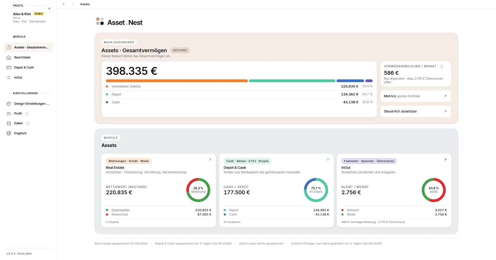 Asset.Nest, Hauptansicht: Gesamtvermögen mit Aufteilung auf Immobilien, Depot und Cash, darunter die drei Module