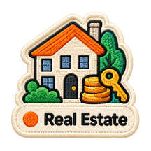 Sticker mit Haus und Lupe für den Bereich Immobilien